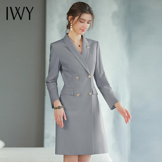 IWY/新款正式场合气质连衣裙秋装灰色职业装双排扣干练工作Q768 商品图4