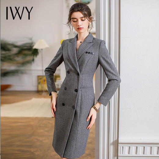 IWY/灰色人字纹呢子大衣冬新款羊毛外套中长款职业装工作服Q808 商品图2