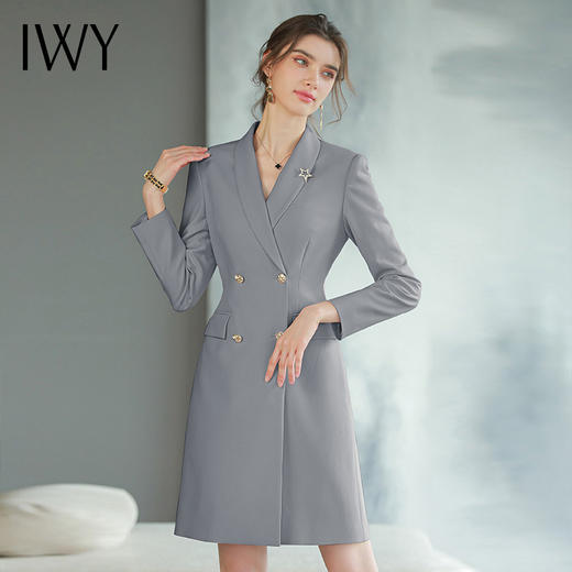 IWY/新款正式场合气质连衣裙秋装灰色职业装双排扣干练工作Q768 商品图1