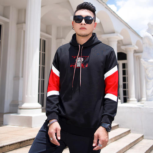 【新款DMH】潮牌大码男装胖子新款忍者刺绣撞色连帽卫衣帽衫男长袖 商品图0