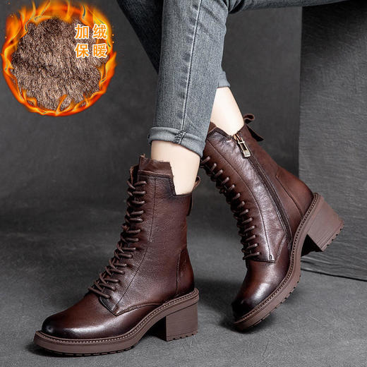 JZ-60883圆头粗跟牛皮时尚马丁靴中高跟侧拉链烟筒靴 商品图1