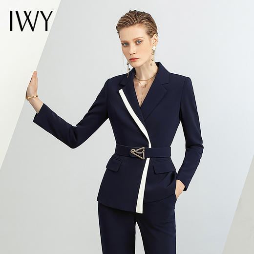 IWY藏青色休闲西装套装女夏高级感通勤长袖西服职业装气质女神范CP1593 商品图1