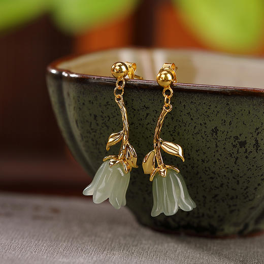 S925纯银镀金，白玉青玉田园风蓝铃花耳钉小清新百搭气质耳坠CW-194 商品图1