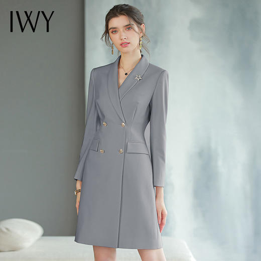 IWY/新款正式场合气质连衣裙秋装灰色职业装双排扣干练工作Q768 商品图2