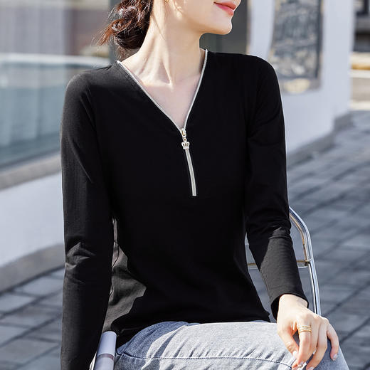 时尚百搭，V领可调节拉链棉质长袖女装T恤舒适洋气打底衫ZS-7310-1 商品图1