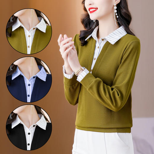 妈妈装T恤上衣假两件衬衣领时尚打底衫KQL-210H8533 商品图3