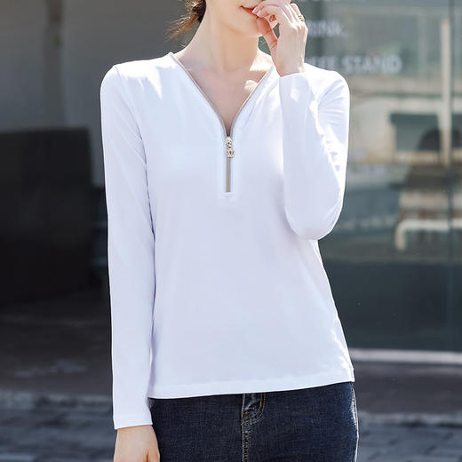 时尚百搭，V领可调节拉链棉质长袖女装T恤舒适洋气打底衫ZS-7310-1 商品图3