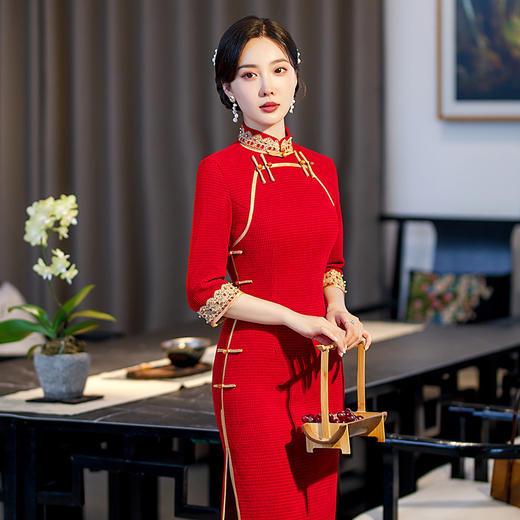 新款立领七分袖中式红色长款高开叉修身旗袍ST-C2171 商品图2