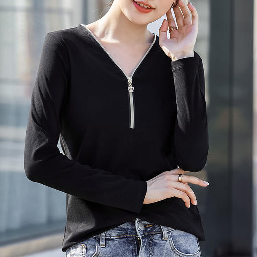 时尚百搭，V领可调节拉链棉质长袖女装T恤舒适洋气打底衫ZS-7310-1 商品图2