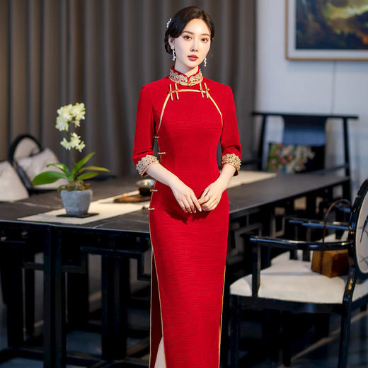 新款立领七分袖中式红色长款高开叉修身旗袍ST-C2171 商品图4