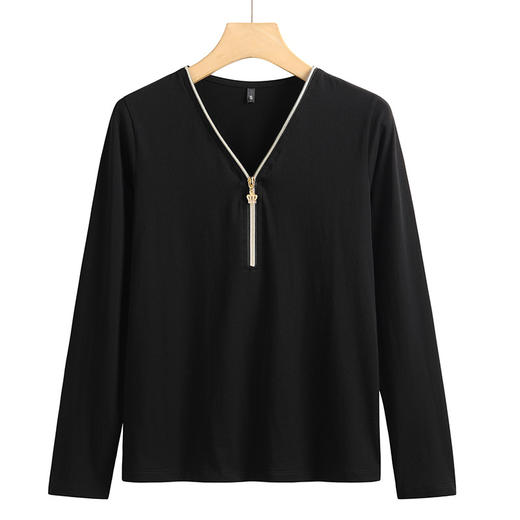 时尚百搭，V领可调节拉链棉质长袖女装T恤舒适洋气打底衫ZS-7310-1 商品图5