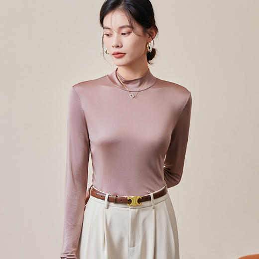 TG-TG03S206真丝小高领女长袖打底衫 经典版型桑蚕丝T恤女打底衫上衣 商品图0