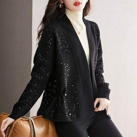 黑色亮片小香风厚款御姐风短款抽绳收腰风衣开衫CC-66-88312 商品图1