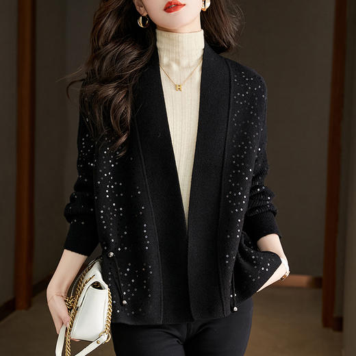 黑色亮片小香风厚款御姐风短款抽绳收腰风衣开衫CC-66-88312 商品图0