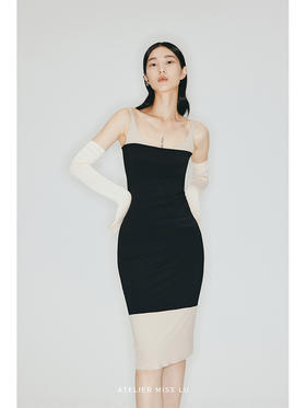 【猫女】撞色拼接弧形领假两件弹力修身吊带针织连衣裙/23000016