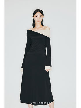 【格雷丝】撞色拼接多穿露肩双层喇叭袖弹力针织连衣裙/23000014