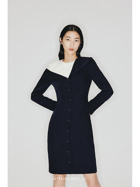 【信封】不规则几何撞色假两件修身长袖连衣裙/23000010