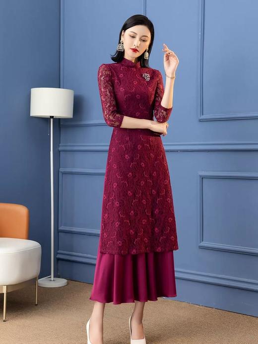 SSGS-Z622新款复古优雅气质修身立领七分袖长款蕾丝连衣裙 商品图1