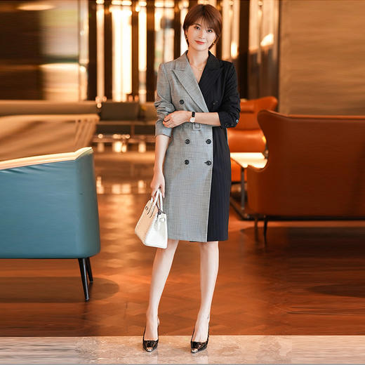 西装连衣裙女2023秋装新款职业通勤拼接气质收腰裙子 商品图0