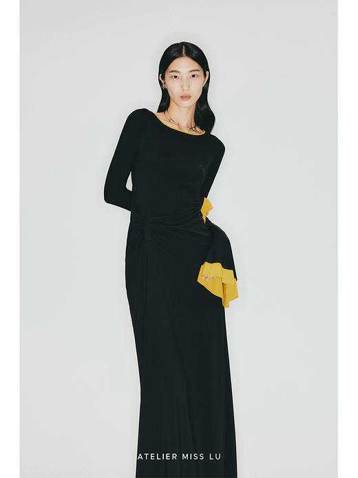 【夜之花】撞色拼接双层喇叭袖弹力针织连衣裙/23000013A 商品图1