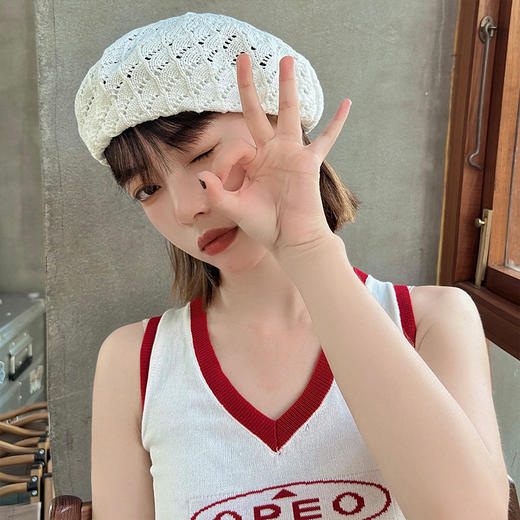 「8款配色」韩版针织镂空贝雷帽 薄款英伦复古画家南瓜八角帽子配饰 商品图3