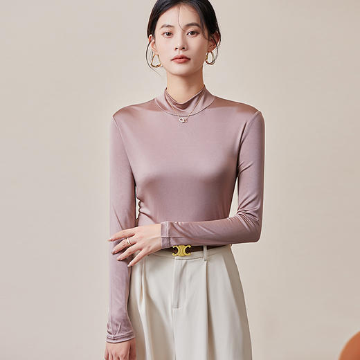 TG-TG03S206真丝小高领女长袖打底衫 经典版型桑蚕丝T恤女打底衫上衣 商品图2