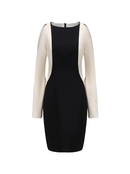 【西雅图夜未眠】曲线撞色拼接设计露肩开口袖修身连衣裙/2300008 商品图4