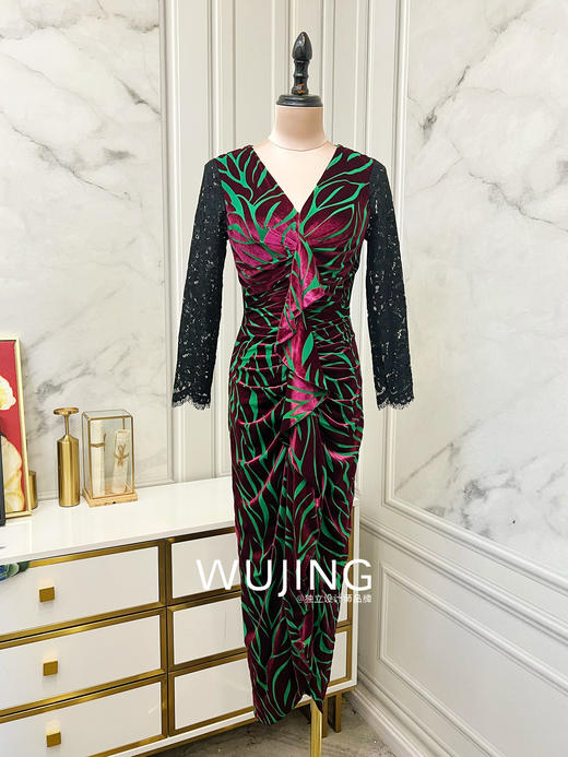 【雾境定制款】妖娆女人味定制丝绒烧花面料拼接股线蕾丝超级遮肉花苞裙 2202192 商品图8