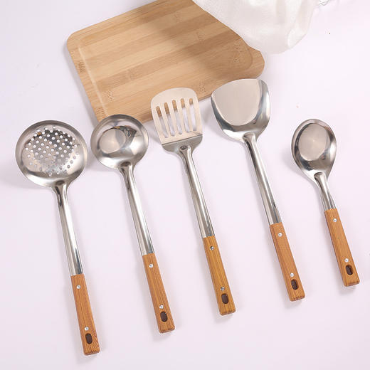 【5件套】家用复古厨房木柄不锈钢锅铲煎铲厨具漏勺汤勺油勺锅铲炒菜铲组合 商品图1