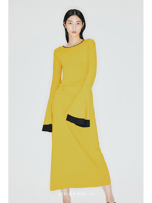 【橙沙之味】撞色拼接双层喇叭袖弹力针织连衣裙/23000013B 商品图1