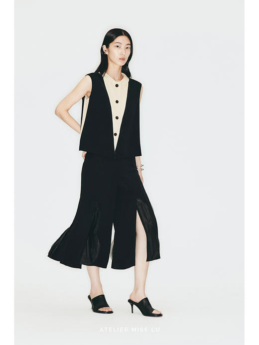 【双生花】多层裁片立体薄纱拼接高腰阔腿七分裤/230008 商品图3