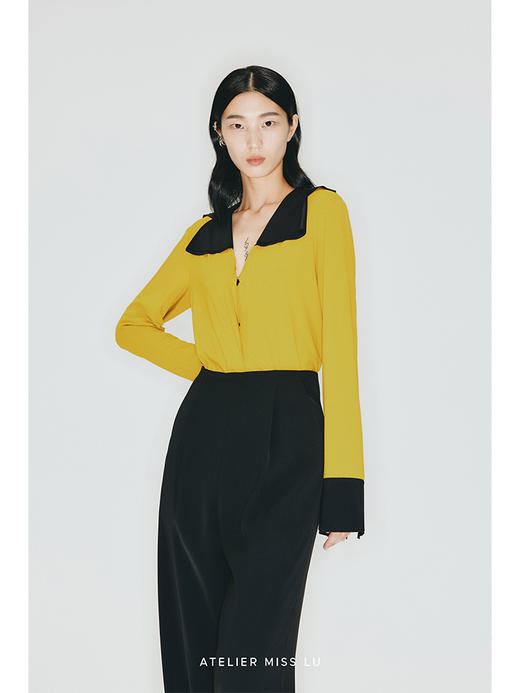 【不眠夜】双层撞色拼接V领弹力针织上衣/23008 商品图3