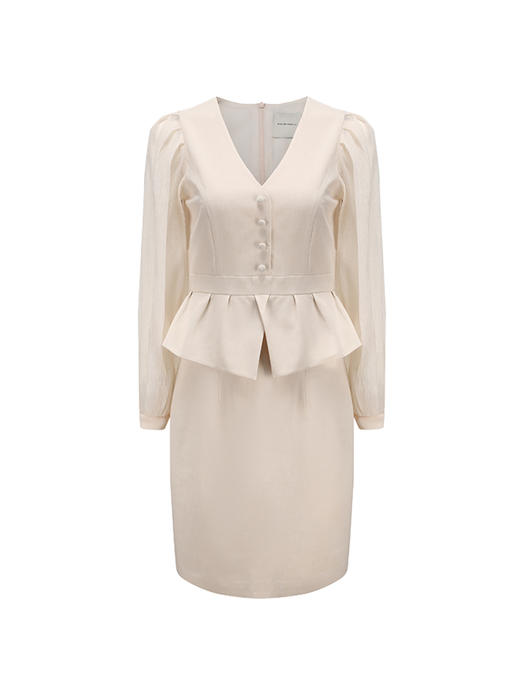 【日光之下】腰部立体荷叶边设计廓形纱袖V领修身连衣裙/2300006B 商品图4