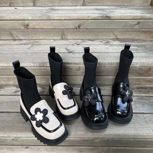 西村名物22年秋冬新款学院风弹力袜靴乐福鞋松糕鞋厚底增高皮鞋45221 商品图0