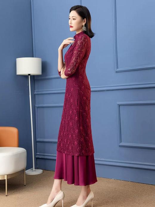 SSGS-Z622新款复古优雅气质修身立领七分袖长款蕾丝连衣裙 商品图2