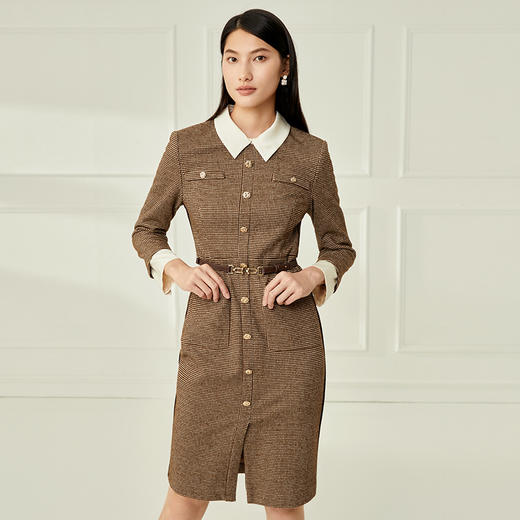 EITIE爱特爱气质翻领格纹收腰中长款连衣裙6807509 商品图1