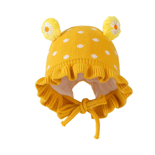 【可爱小雏菊荷叶花边针织帽】儿童帽子秋冬韩版可爱宝宝小雏菊花边针织帽包芯纱保暖帽子 商品图4