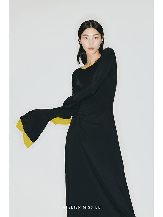 【夜之花】撞色拼接双层喇叭袖弹力针织连衣裙/23000013A 商品图0