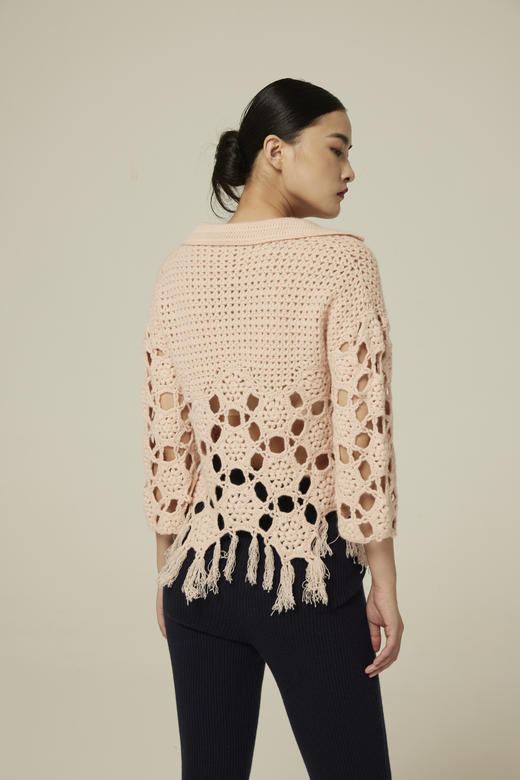 流苏翻领羊绒纯手钩上衣 SJF94W335W 商品图2