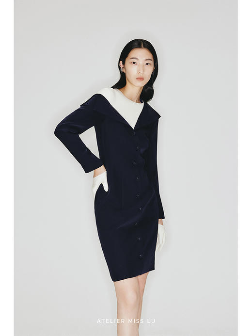 【信封】不规则几何撞色假两件修身长袖连衣裙/23000010 商品图1