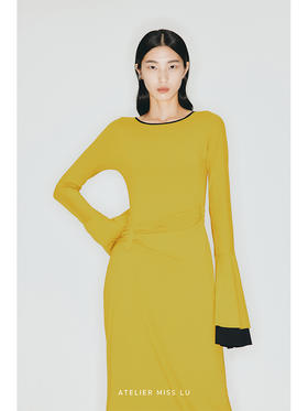 【橙沙之味】撞色拼接双层喇叭袖弹力针织连衣裙/23000013B