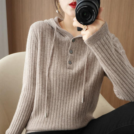 QHJY-JYMS22810秋冬季新款女式连帽针织卫衣外套长袖加厚坑条上衣毛衣帽衫女 商品图0