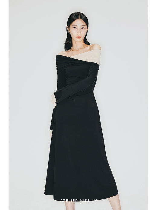 【格雷丝】撞色拼接多穿露肩双层喇叭袖弹力针织连衣裙/23000014 商品图2