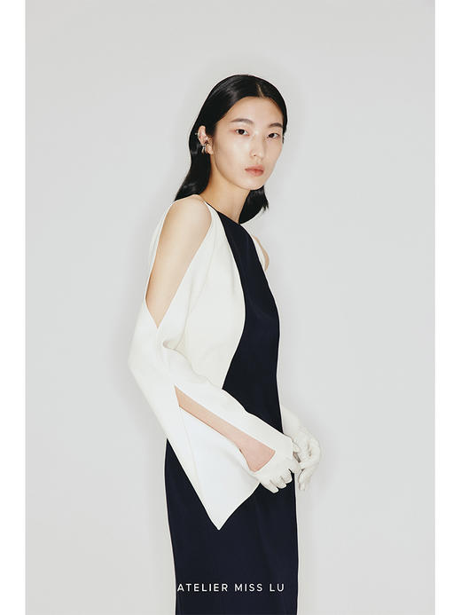 【西雅图夜未眠】曲线撞色拼接设计露肩开口袖修身连衣裙/2300008 商品图1