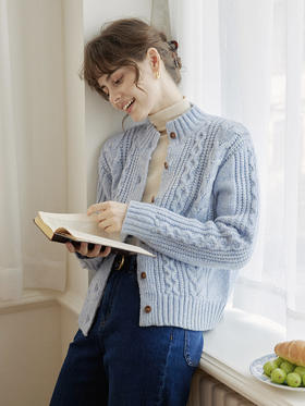 simpleretro复古新织 丝光羊毛半高领绞花毛衣女新款宽松针织开衫