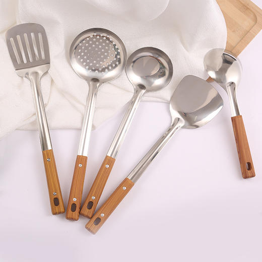 【5件套】家用复古厨房木柄不锈钢锅铲煎铲厨具漏勺汤勺油勺锅铲炒菜铲组合 商品图2