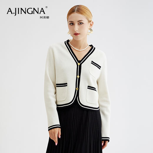 【特价款不退不换】阿菁娜秋冬新款经典百搭撞色针织廓形英伦风纯羊毛开衫A27D318007 商品图2