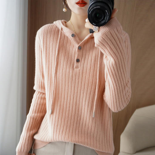 QHJY-JYMS22810秋冬季新款女式连帽针织卫衣外套长袖加厚坑条上衣毛衣帽衫女 商品图5