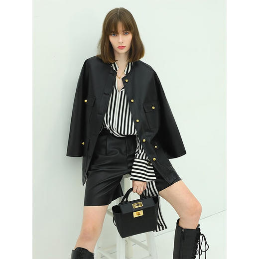 COCOBELLA细腻柔软PU皮衣外套中长款金属扣夹克SC515 商品图1