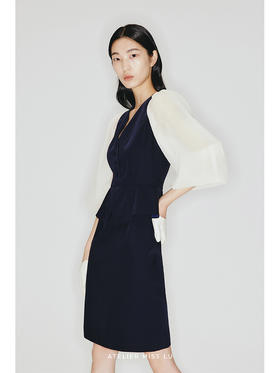 【蓝莓之夜】腰部立体荷叶边设计廓形纱袖V领修身连衣裙/2300006A